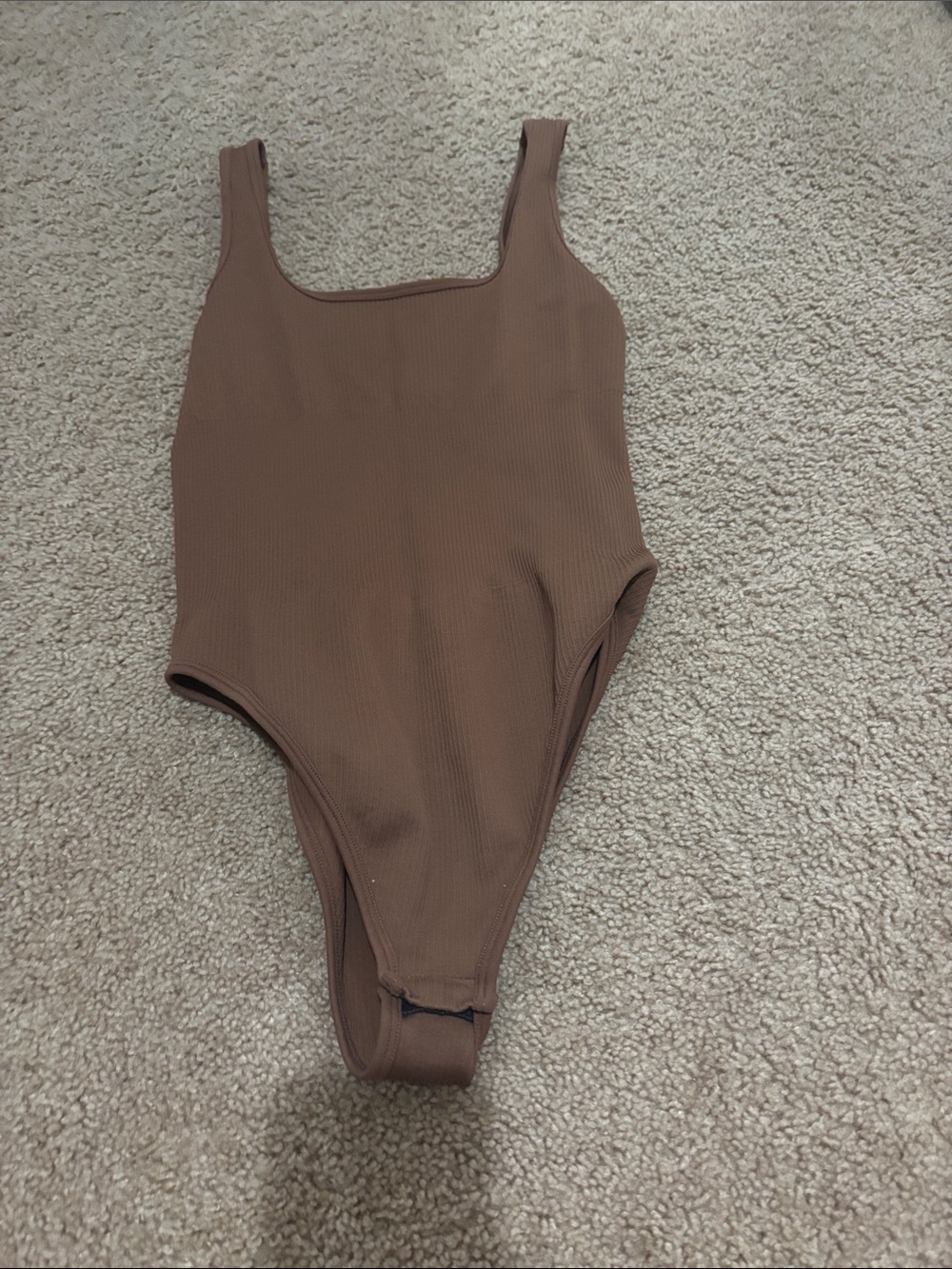 Brown Ribbed Scoop Neck One-Piece Swimsuit